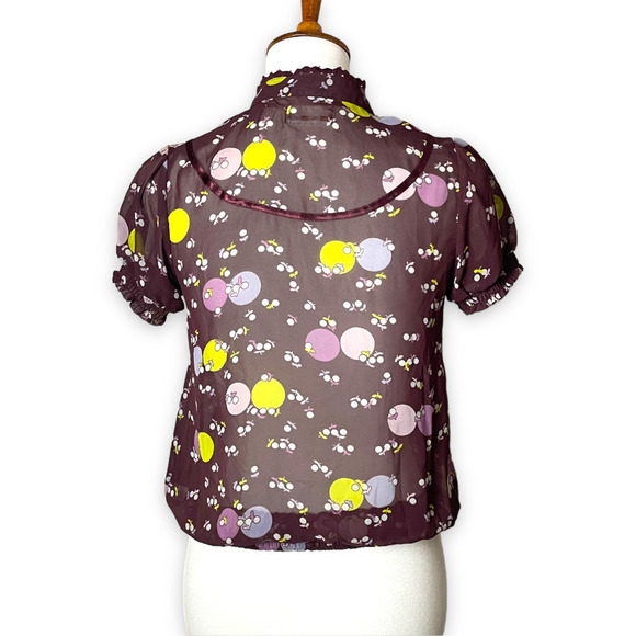 🍀 Kimchi Blue Women's Purple Taupe Printed Ruffle Puff Short Sleeve Blouse XS - Picture 4 of 10